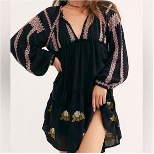 NWT Free People Wild Horse Embroidered Tassel Mini Dress Black Tunic XS